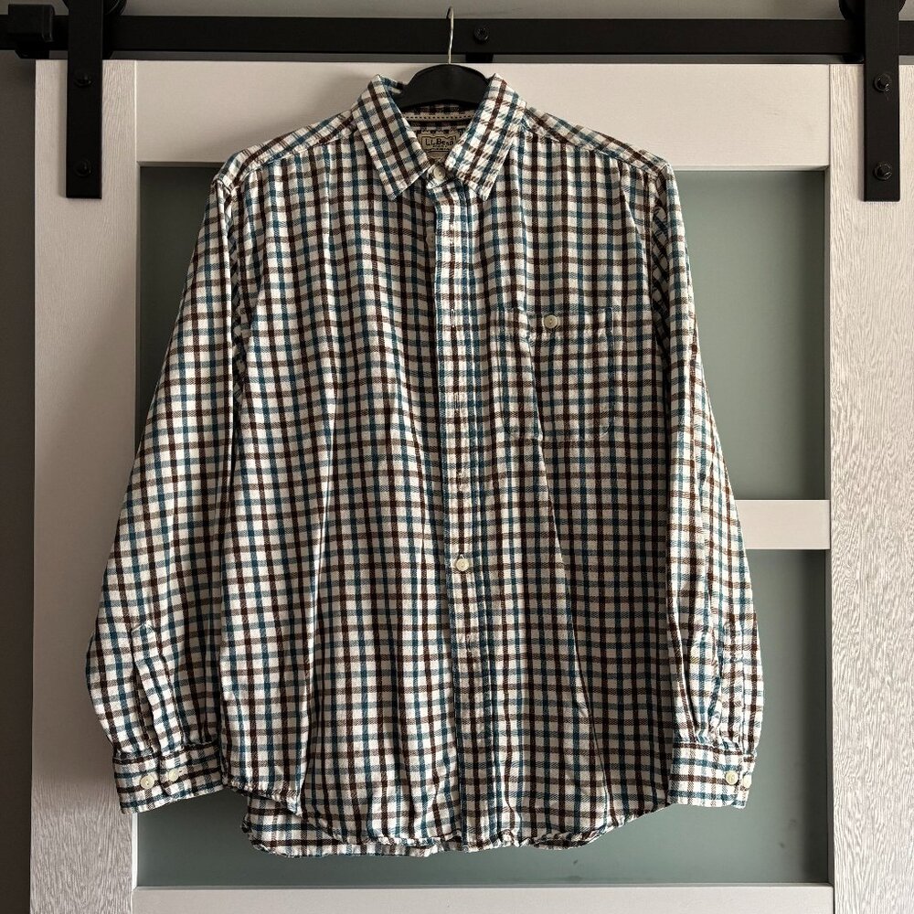 L.L.Bean Men’s M-Reg Plaid Flannel Shirt - Blue/Brown/Cream - 100% Cotton Size M